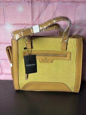 London Fog Yellow Woven Satchel with Tan Trim and Top Handles